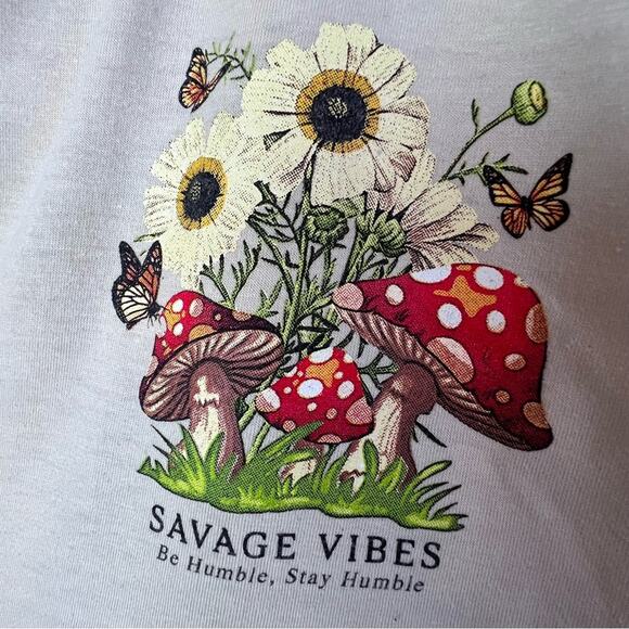 Weekend Warriors Tan Savage Vibes Mushroom Botanical Crop Tee Shirt Women Size L - Picture 10 of 13
